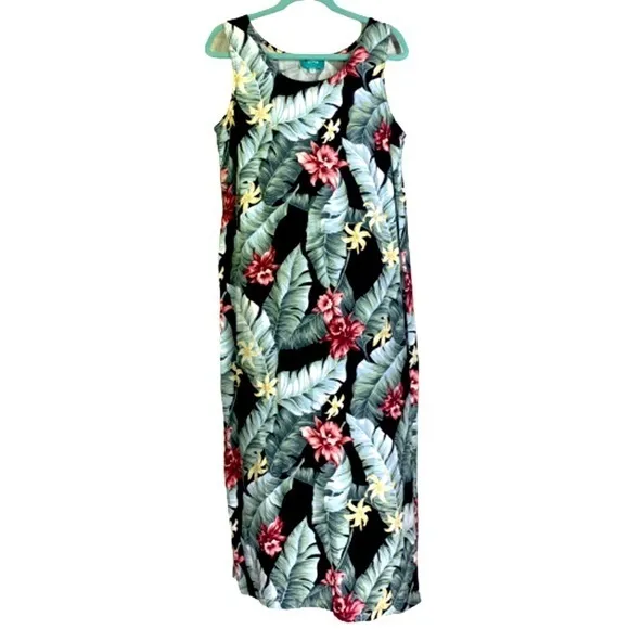 Product image for KONA MALIA Black Palm‎ Leaves Floral Print Sleeveless Midi Dress