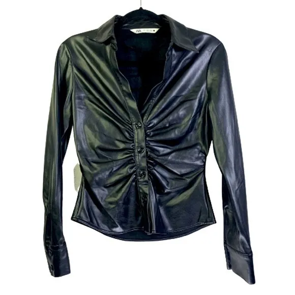 Product image for ZARA Black Vegan‎ Leather Ruched Button Down Shirt