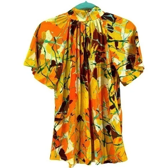 Product image for Vintage Yellow & Orange Floral Print‎ Mock Neck Keyhole Blouse