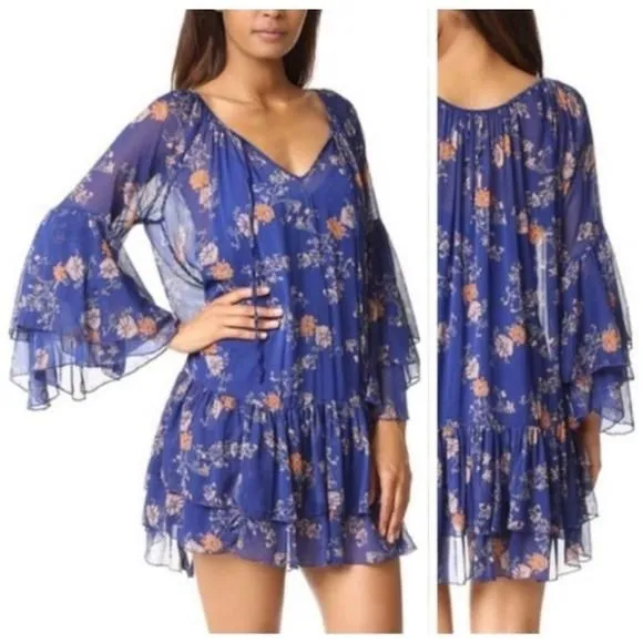 Product image for FREE PEOPLE Sunsetter Boho Floral Ruffle Fairy Sheer Mini Cover Up Dress