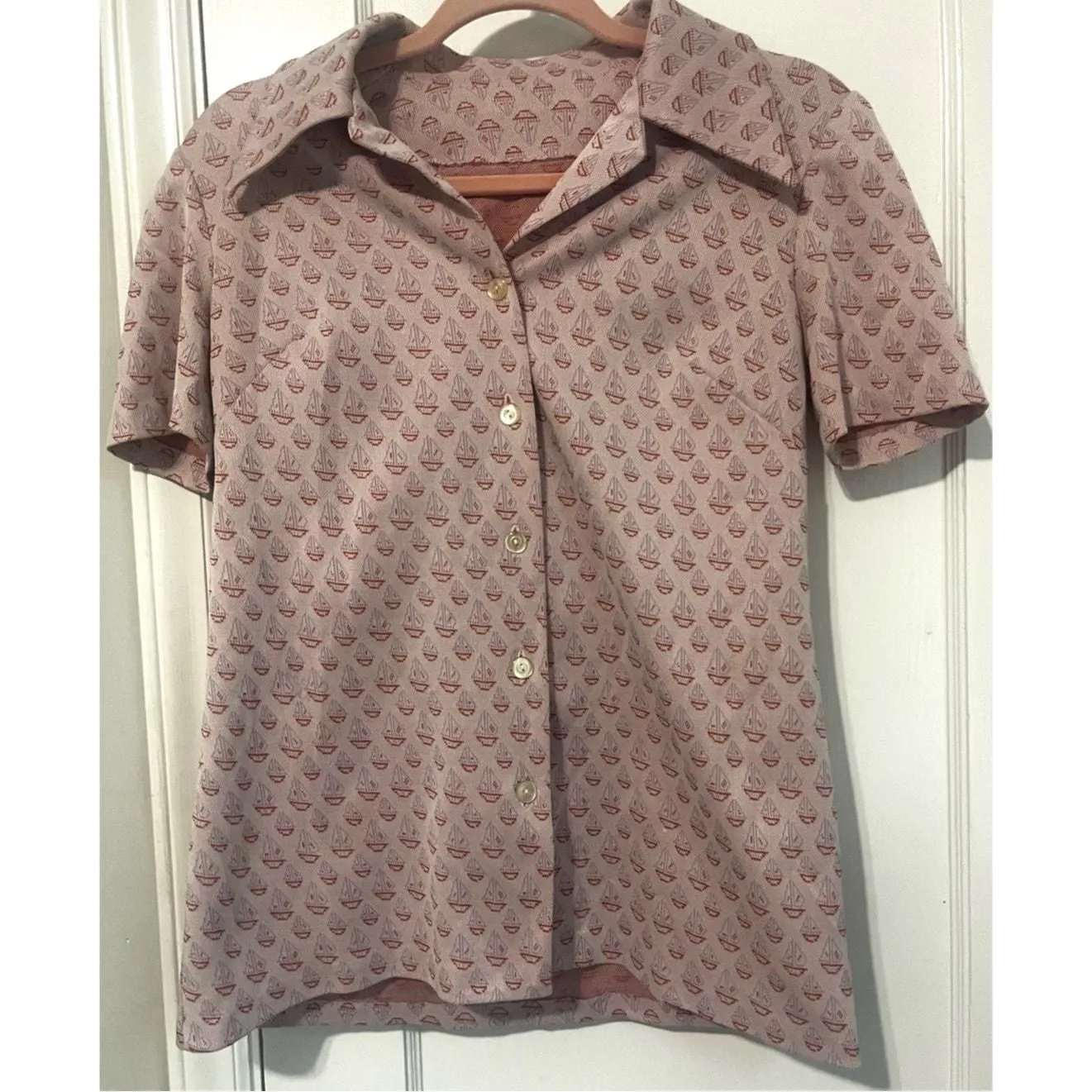 Product image for Vintage 70s Light Purple Sailboat Dagger Collar Button Up Blouse Small Med Retro