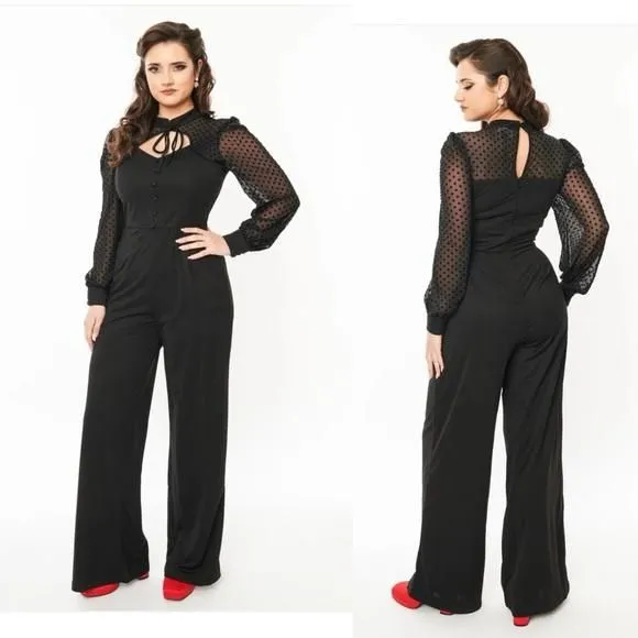 Product image for Unique Vintage  1970s Black & Polka Dot Long Sleeve Jumpsuit NEW Med 6/8