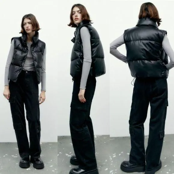 Product image for Zara Faux Leather Puffer Gilet Quilted Vest Jacket Black Women's Size Large