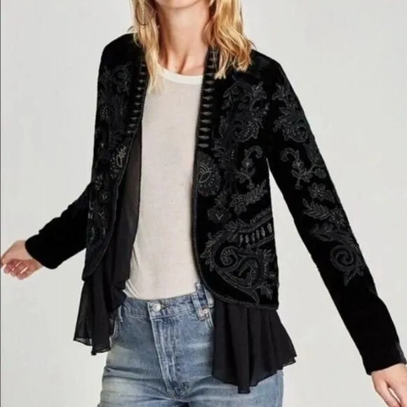 Product image for Zara Embroidered Beaded Chiffon Frill Velvet Blazer Jacket Black Women's Size XS