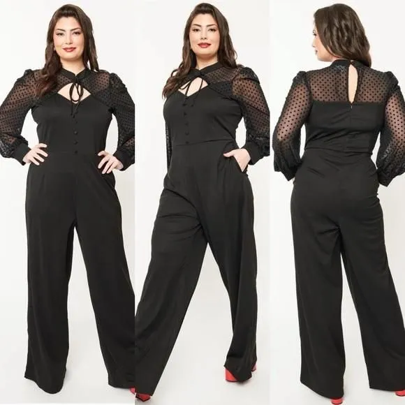 Product image for Unique Vintage Plus 1970s Black & Polka Dot Long Sleeve Jumpsuit NEW 1x/16
