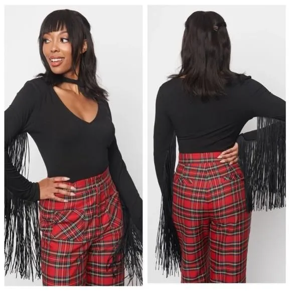 Product image for Smak Parlour 1970s Black Ribbed Knit Fringe Sleeved Bodysuit NEW Med size 6/8
