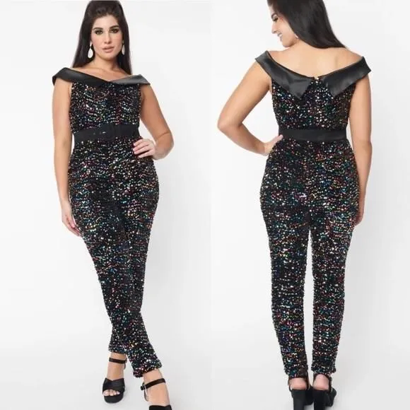 Product image for Unique Vintage 1970s Black & Rainbow Sequin Gillian Jumpsuit - NEW  size 1x/16