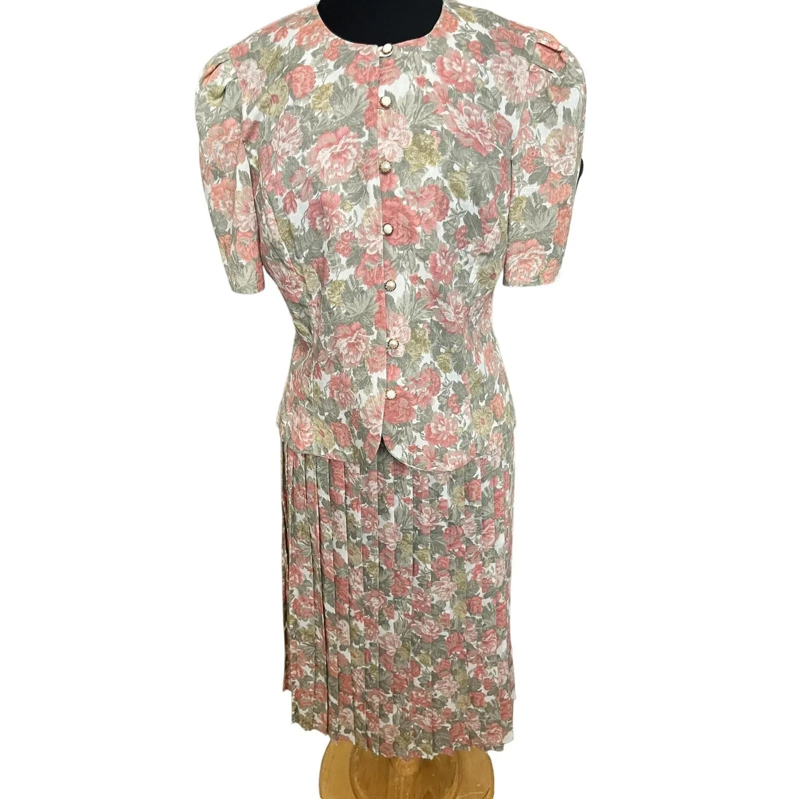Product image for Vintage 80s Stuart Alan Pink White Floral Pleated Top Skirt Set 14 Large Cottage