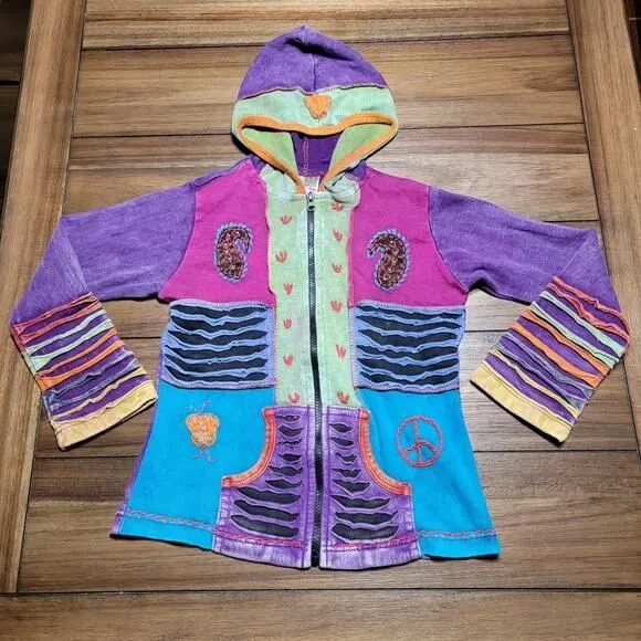 Product image for India Boutique Full Zip Hooded Girls Jacket Boho Style - Size Large