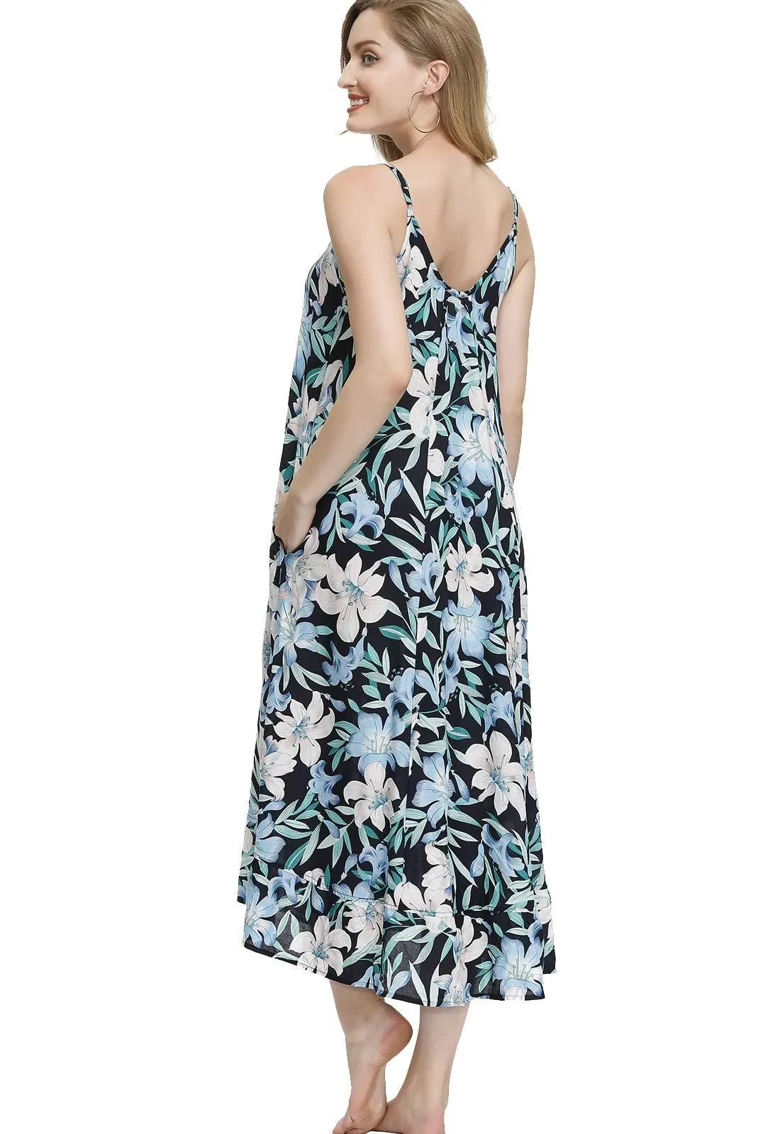 BUENOS NINOS Women's Boho Floral Maxi Dress - V-Neck, Adjustable Straps, With Pockets, Blue/White