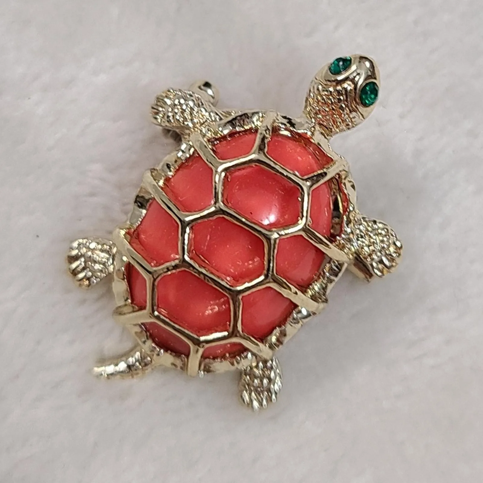 Product image for Vintage Gold Tone & Orange Turtle Brooch With Green Jeweled Eyes