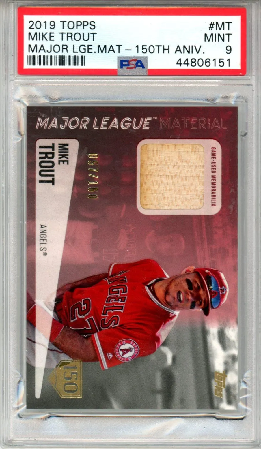 Product image for 2019 Topps Major League Material Mike Trout Bat Relic /150 #MT PSA 9 Baseball - 2019 - Baseball - MT - Topps - Mike Trout - 2019 Topps Major League Material - 11 - 11 - Major Lge. Mat 150th Aniv. - Yes