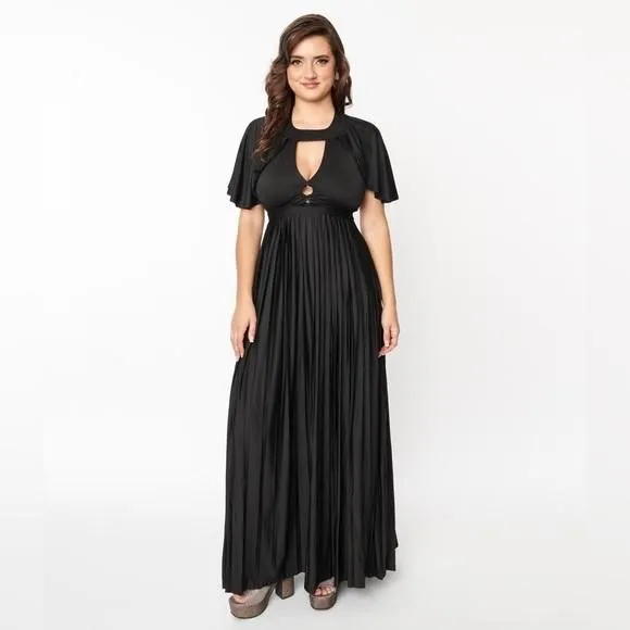 Product image for Unique Vintage Smak Parlour 1970s Black Pleated Cape Maxi Dress, NWT, Size M