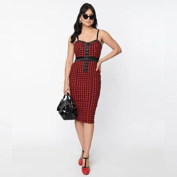 Product image for Unique Vintage Smak Parlour Plaid Sweetheart Neckline Pin Up Blue, NWT, Size L