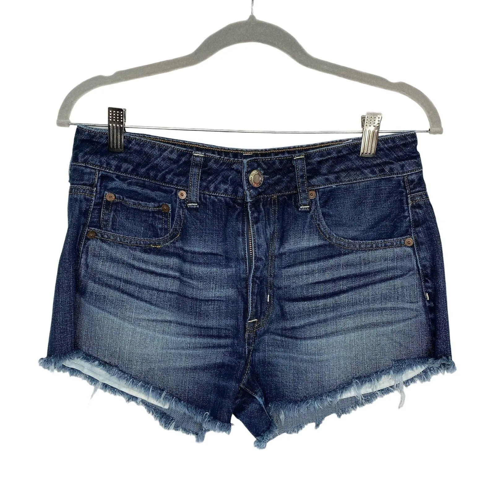 Product image for American Eagle Hi Rise Festival Jean Shorts Size 6 Blue Raw Fringe Hem Cutoffs