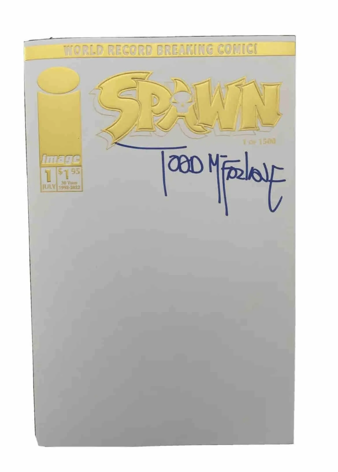 Product image for SPAWN #1 MCFARLANE BLANK SKETCH COVER SDCC 2022 GOLD FOIL EMBOSS +SIGNED COVER.