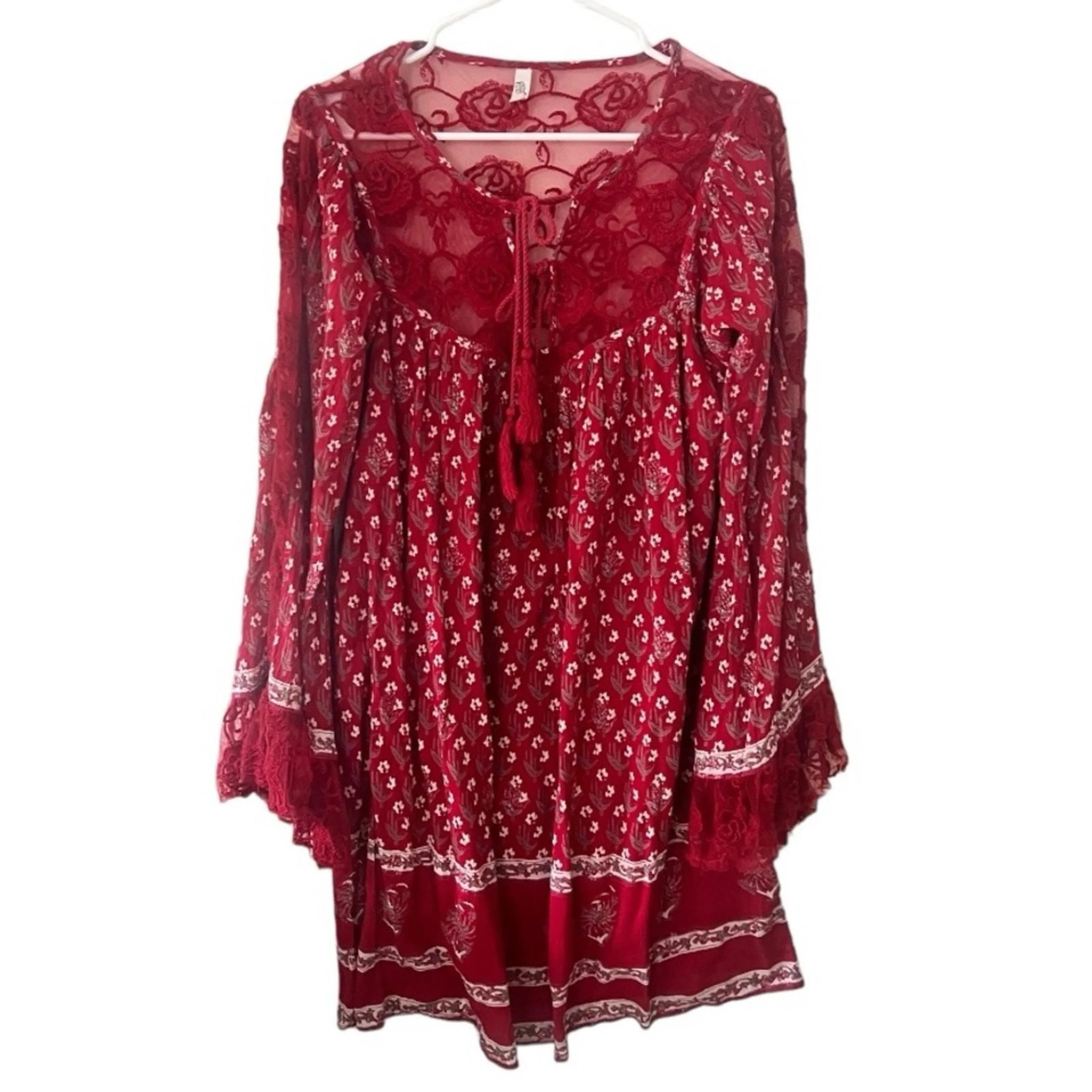 Product image for Free People Red Floral Lace Boho Tunic Top