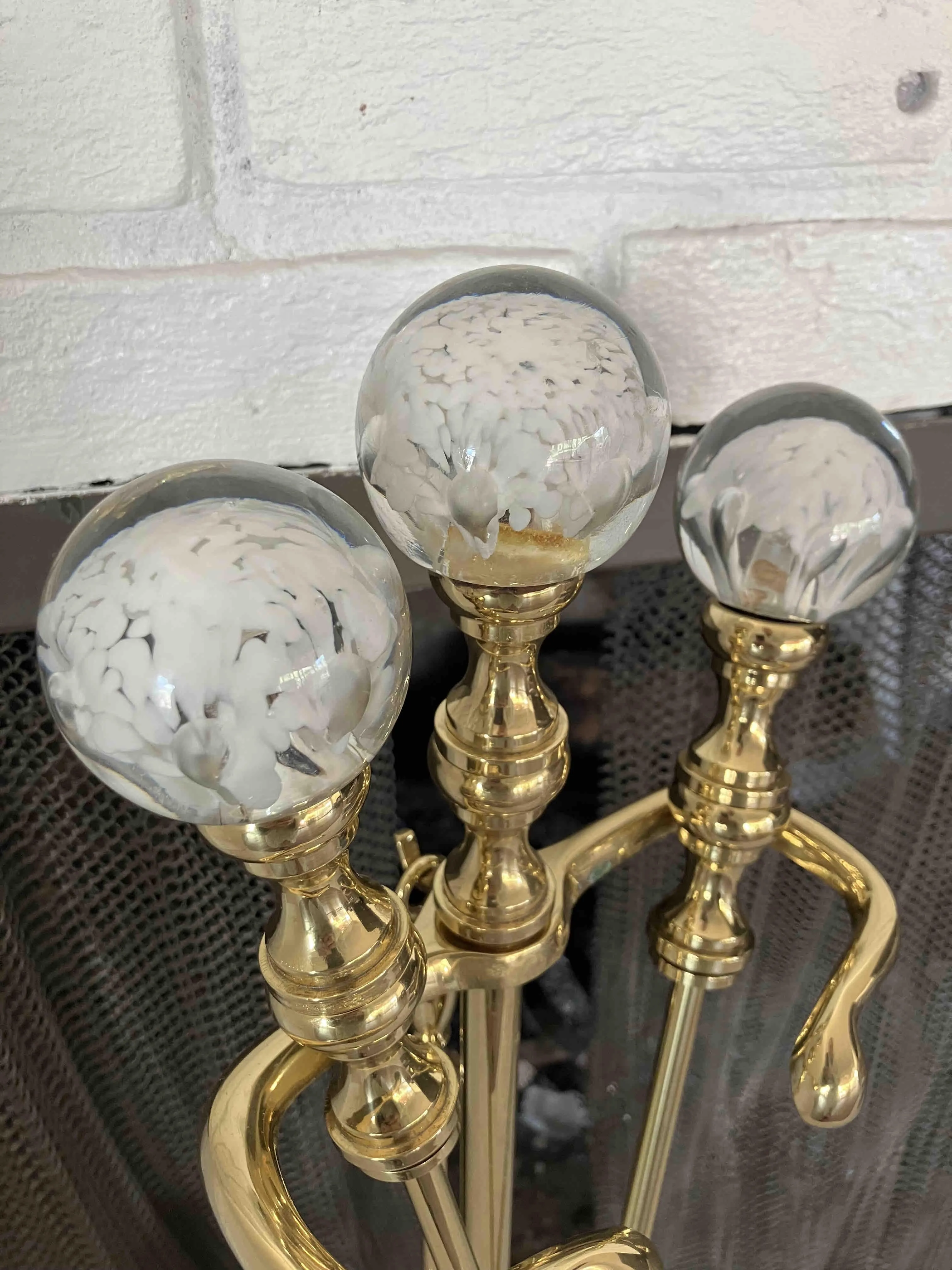 Product image for Glam fireplace tools polished brass Murano glass paperweight finials 