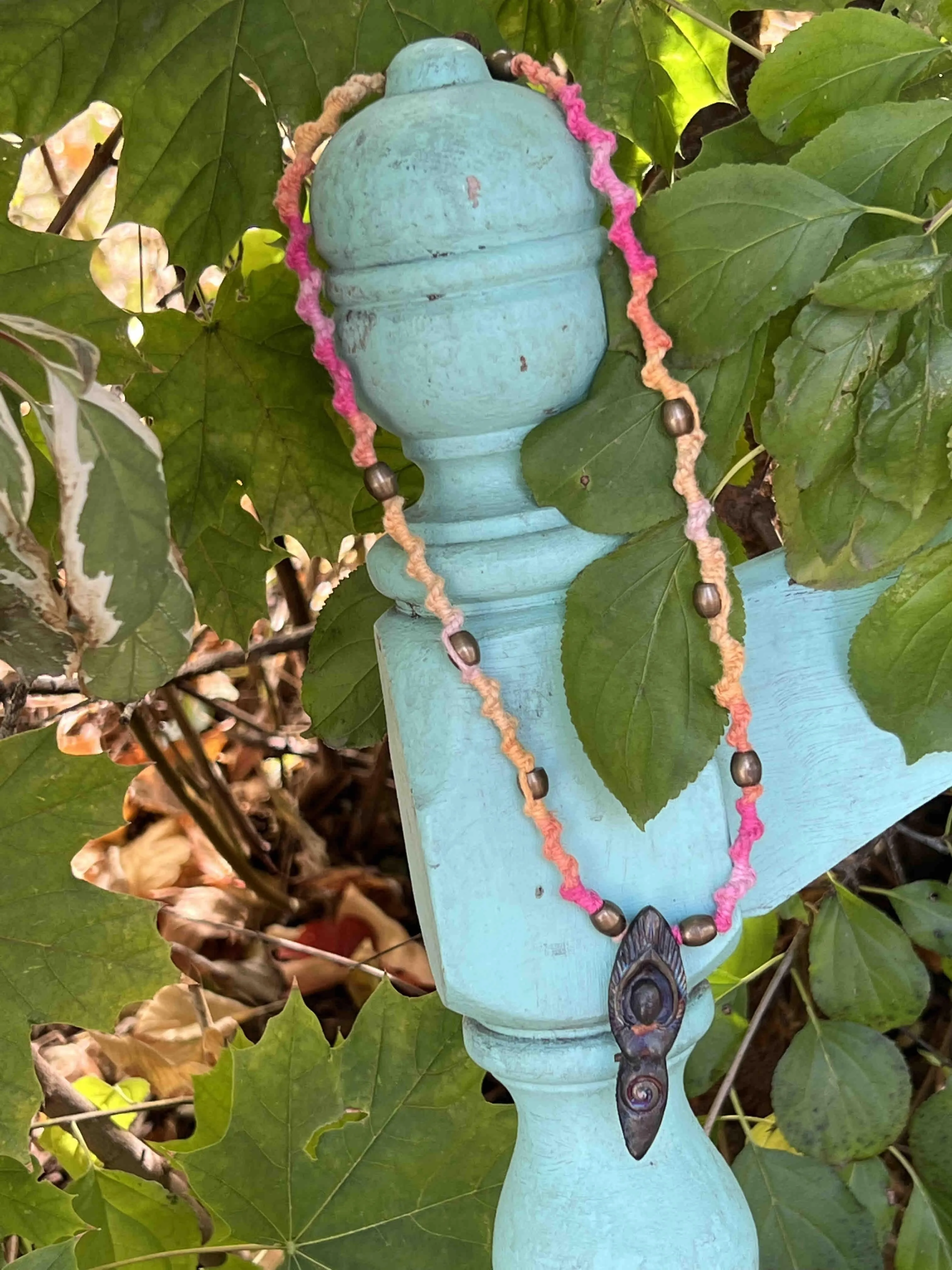 Product image for Raku fired ceramic goddess Angel pendant necklace in pinks by Christina Rietsch