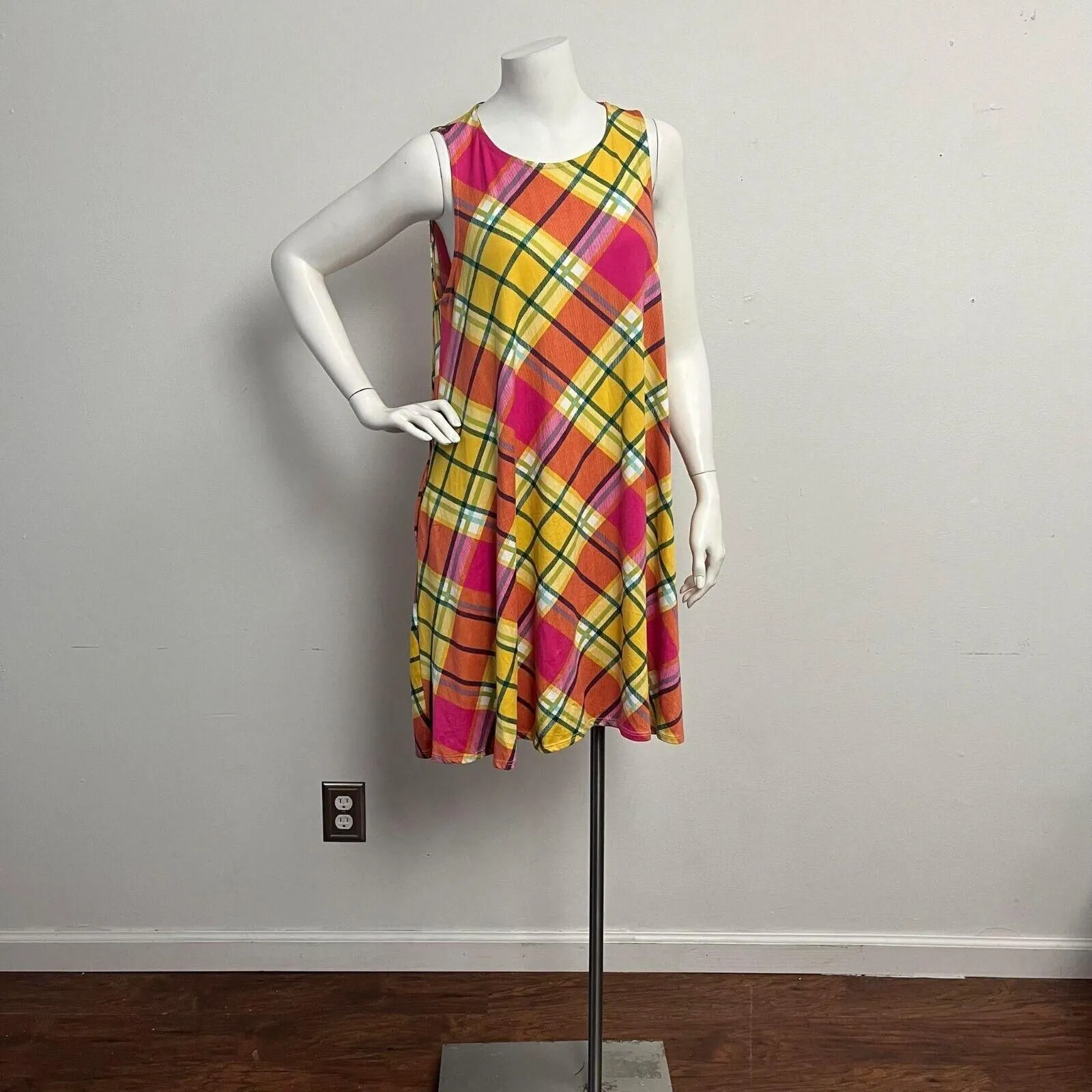 Product image for a.gain Dress Tartan Style Pattern Yellow Pink Orange A-line Size L Sleep Soft