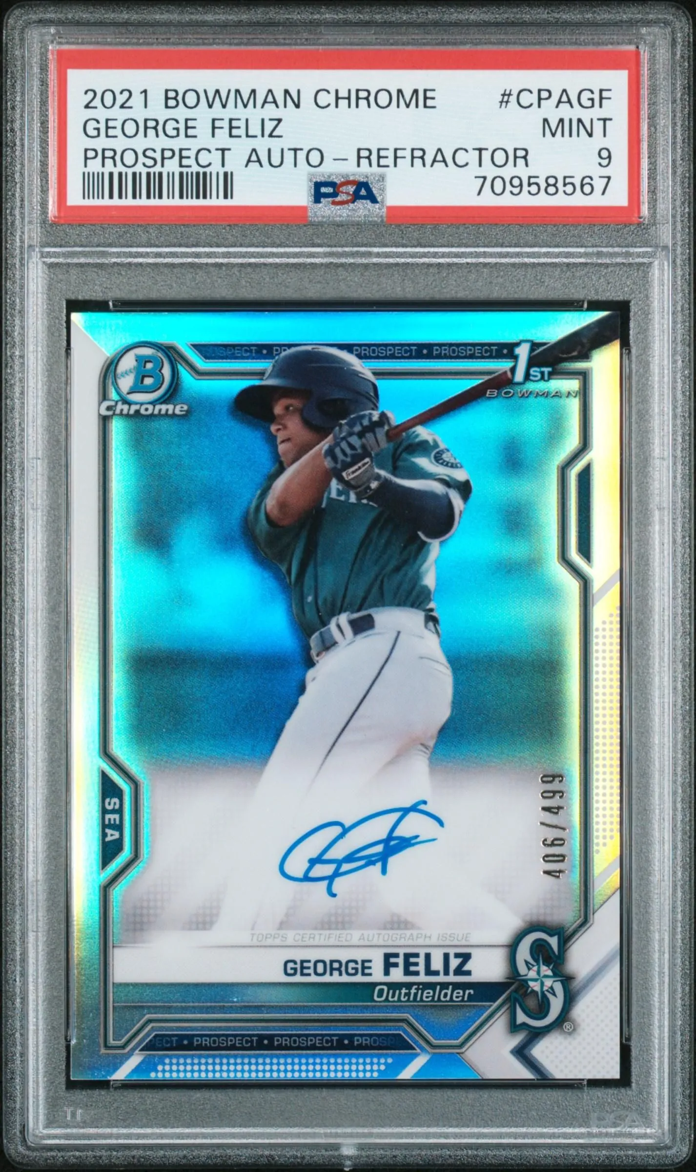 Product image for 2021 Bowman Chrome Prospect Autographs George Feliz Refractor /499 PSA 9