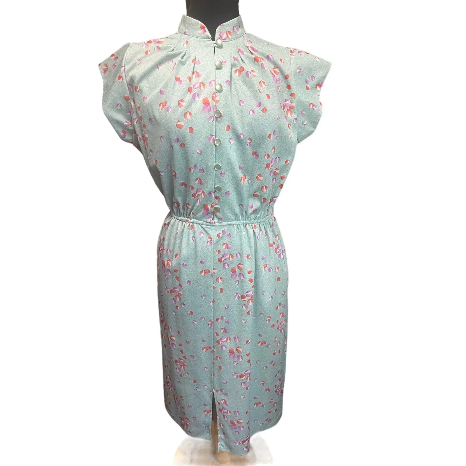 Product image for  Vintage 70's Cheongsam Turquoise Green Geometric Secretary Geek Dress Med Large