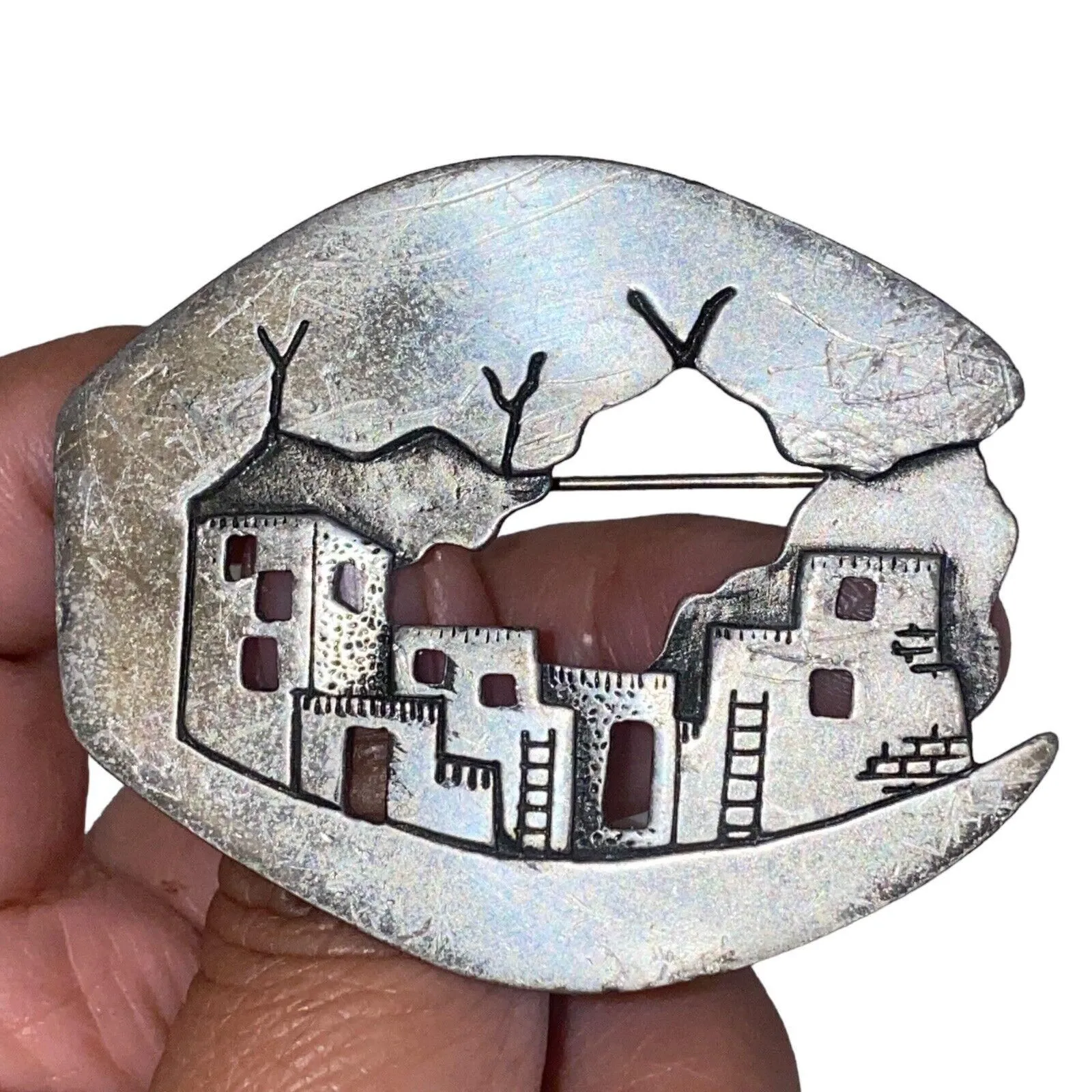 Product image for Vintage 1988 JJ 3D Building Pewter Silver Tone Pueblo Adobe Scene Pin Brooch