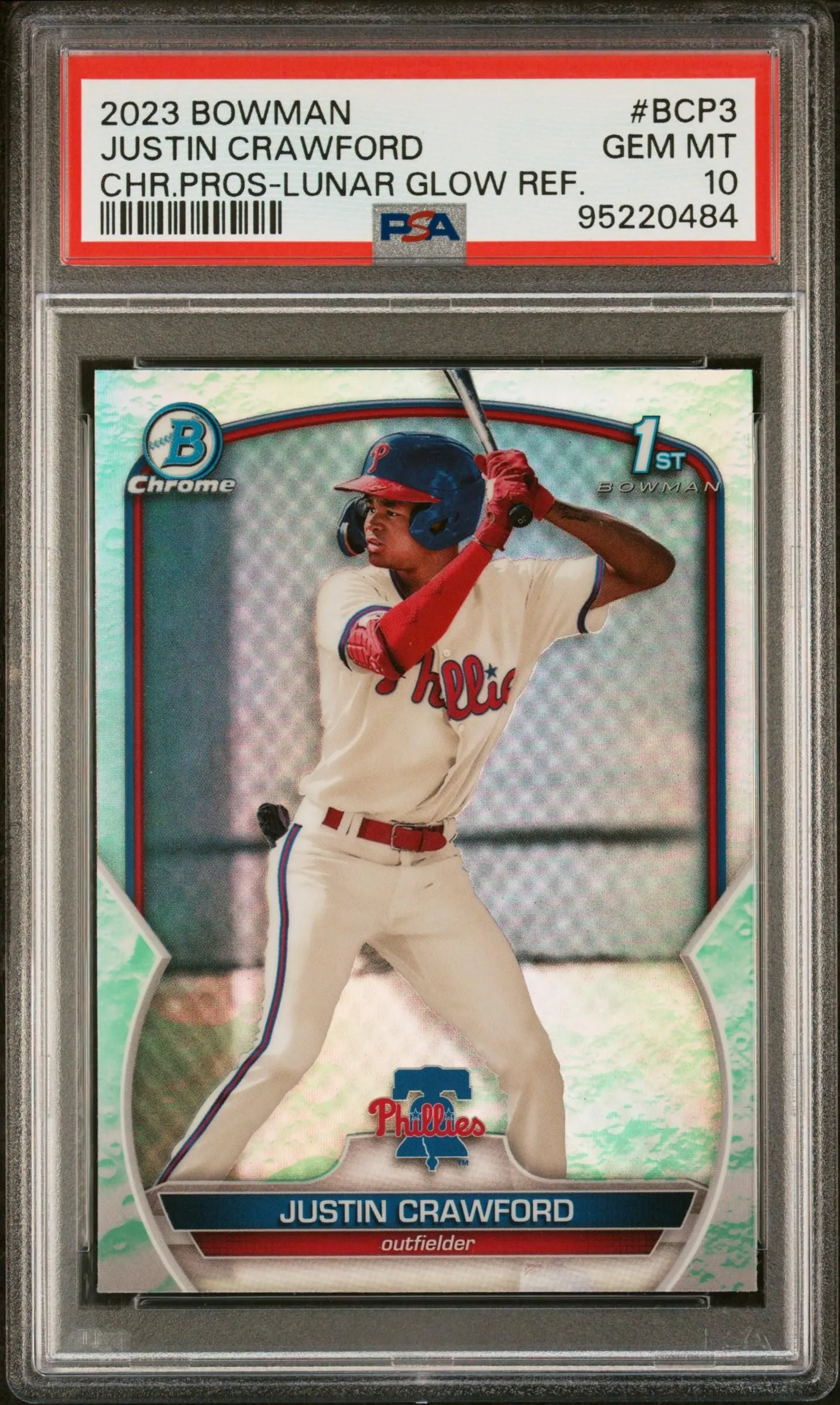 Product image for 2023 Bowman Chrome Prospects Justin Crawford #BCP3 Lunar Glow Refractor PSA 10