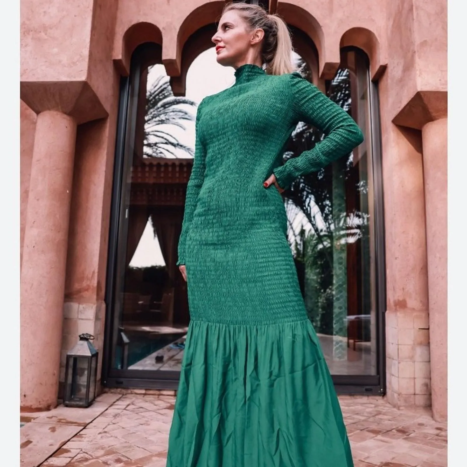 092 Stockholm & other stories maxi Dress Sz 8 green mock neck long sleeve  smocked  Whatnot: Shop, Sell, Connect