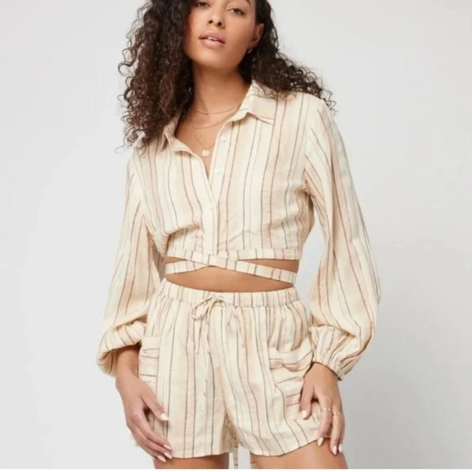 Product image for L Space play it cool top Sz S long sleeve striped cropped blouse A43N