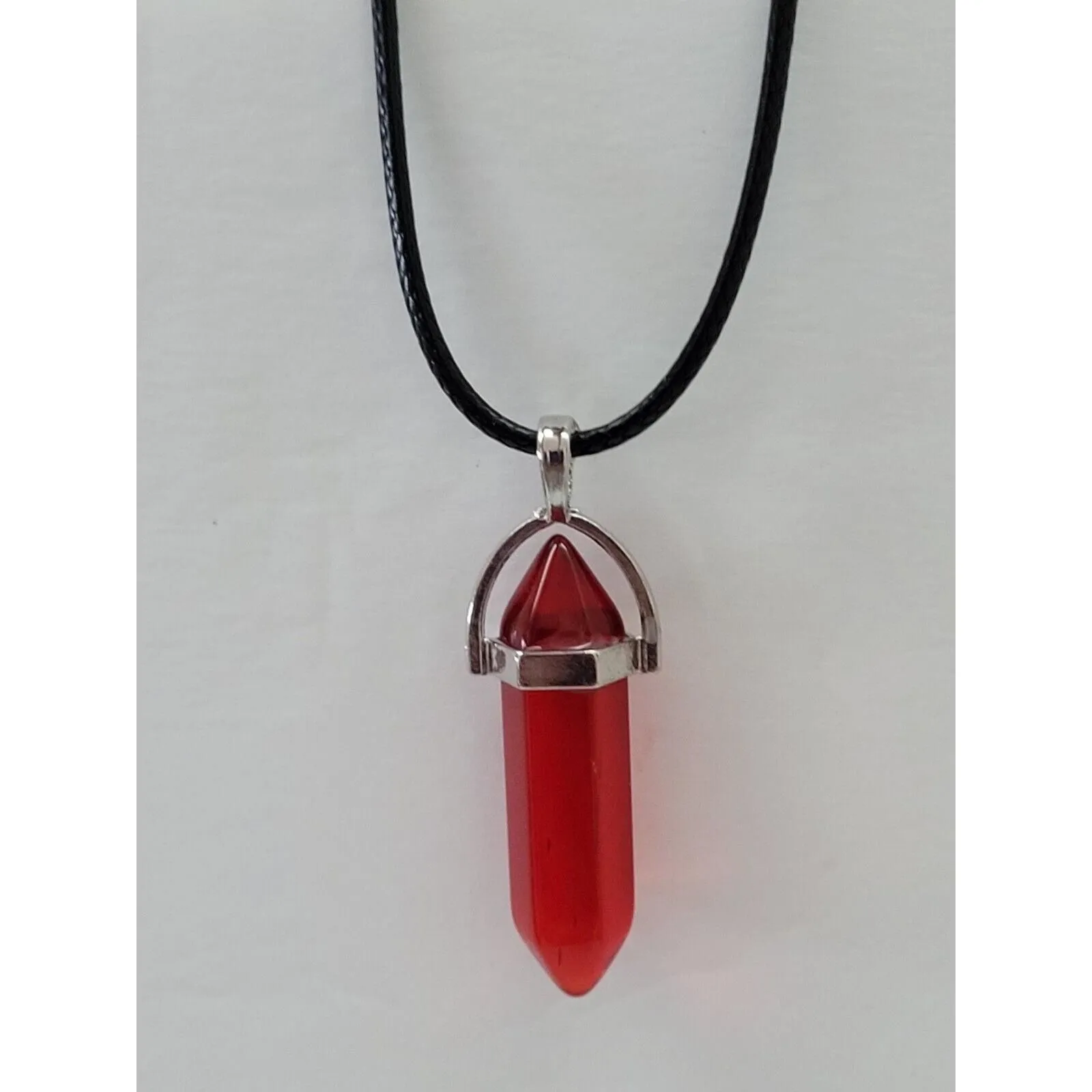 Product image for Chakra Hexagonal Red Quartz Point Healing Pendant 18" Rope Necklace.