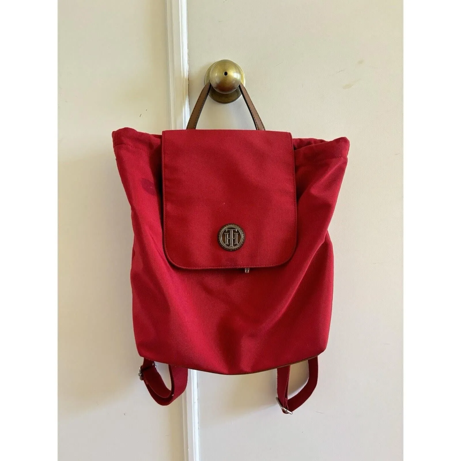 Product image for Tommy Hilfiger Red Canvas Backpack Bag Monogram Logo Brown Faux Leather