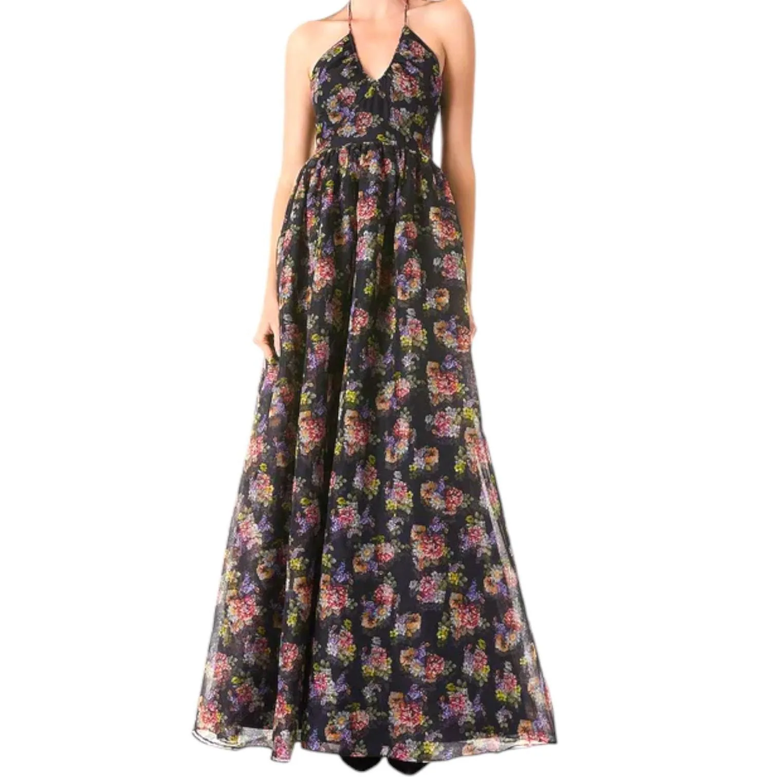 Product image for ALICE AND OLIVIA Magnolia Floral Black Saori Halter Maxi Evening Dress, US2