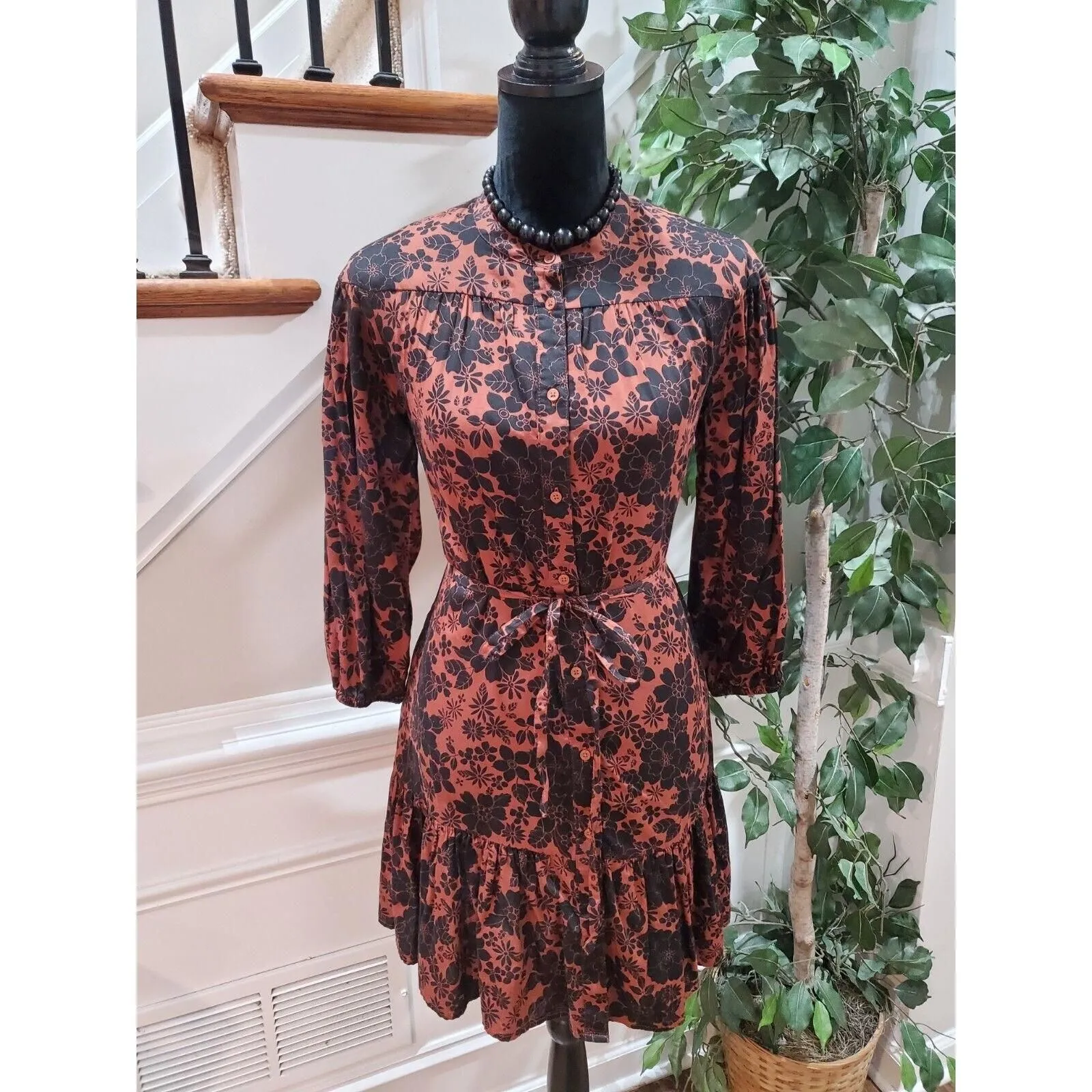 gap brown floral dress NWT Womens XS Gap Brown Floral Dress V-neck Tie Waist with Pockets