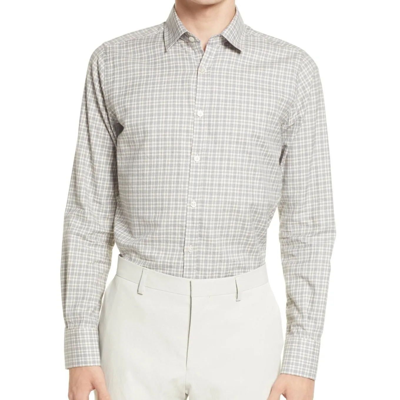 Product image for Canali Plaid Button-Up Shirt in Light Grey, Size S