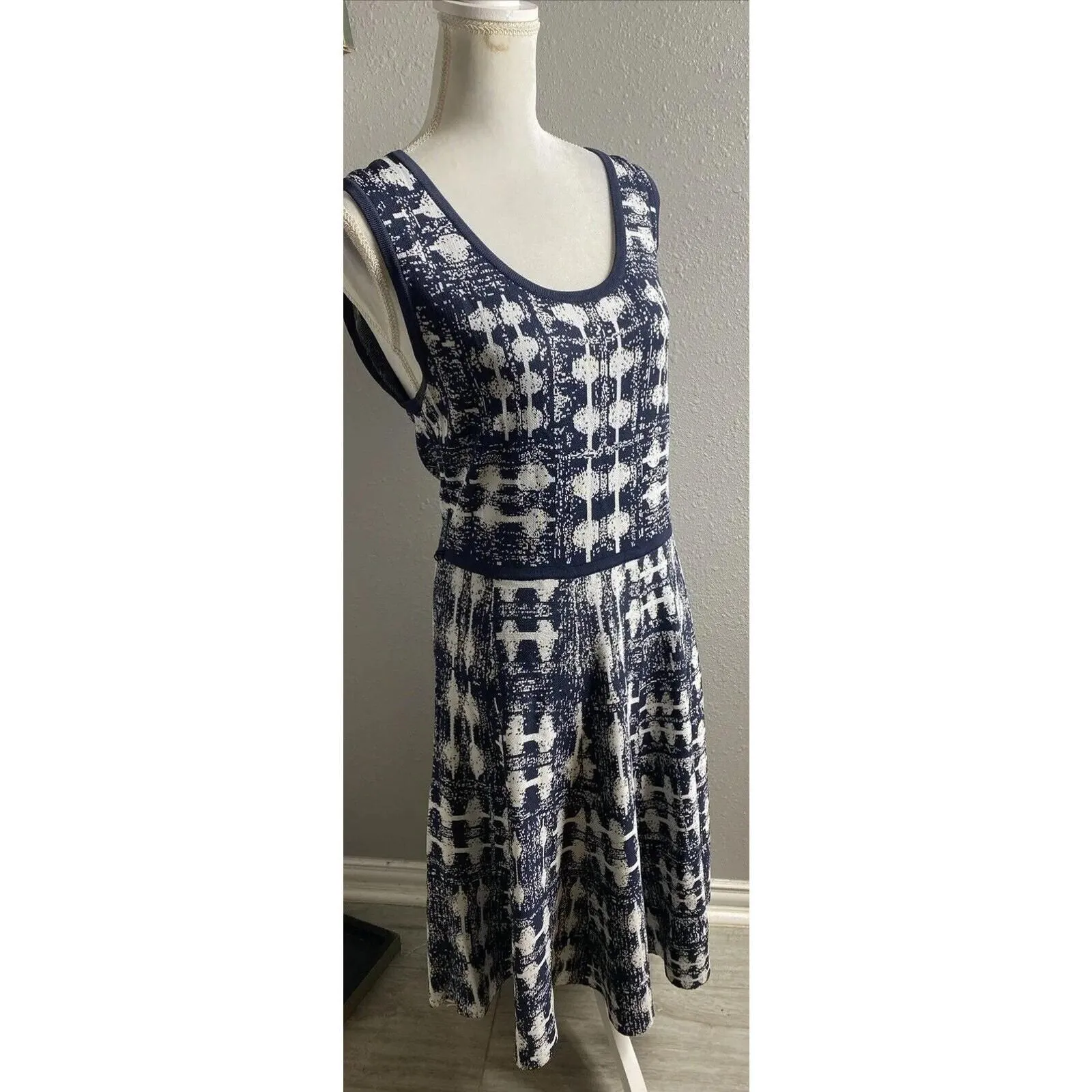 Carmen Marc Valvo Sweater Dress Knit Blue White Geometric, Medium   Whatnot: Shop, Sell, Connect