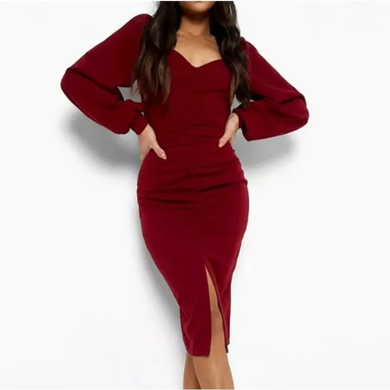 Product image for Boohoo Petite Ballon Sleeve Ruched Midi Dress, Size 4P