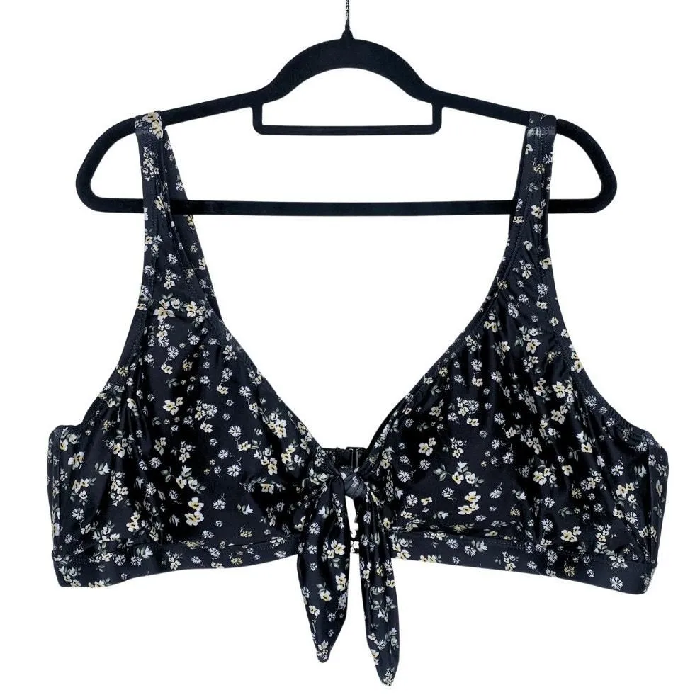 Product image for Social Angel Folk Floral Tie Front Bikini Top Black White 3X Women's Swimwear
