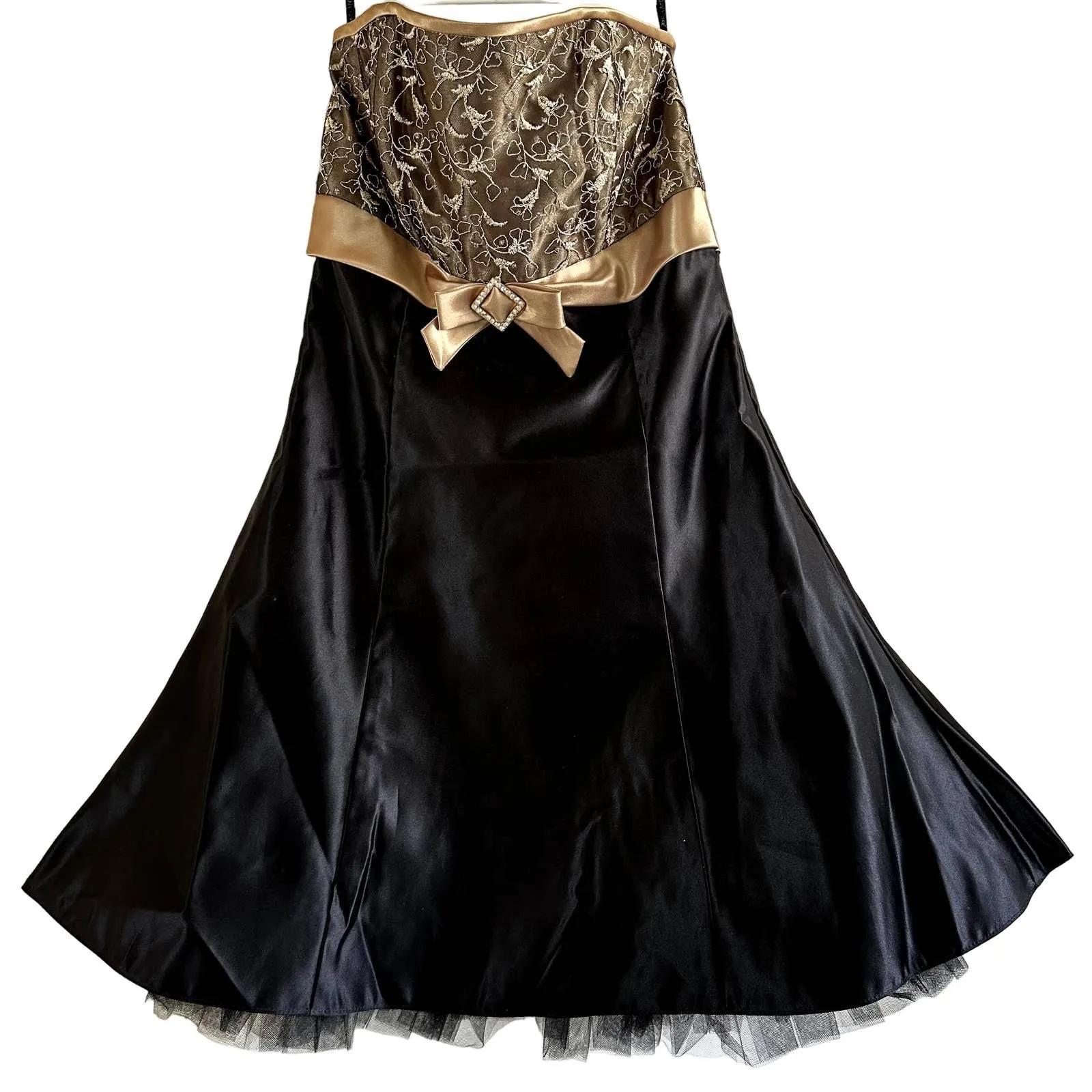 Jessica McClintock Gunne Sax Prom Dress Strapless Embellished Lace Gold Black 71