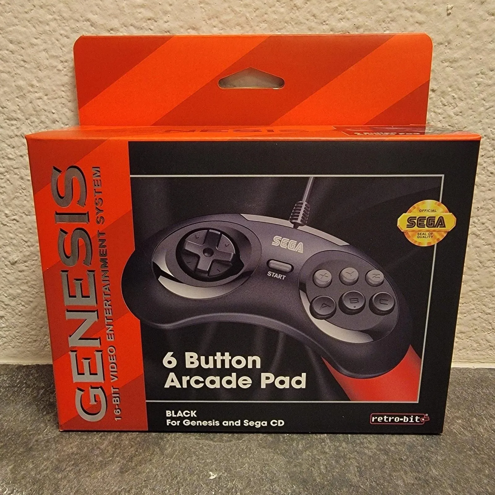 Product image for Genesis 6-Button Arcade Pad, Black (NEW) w/ 10-Ft Cable - RetroBit - SEGA