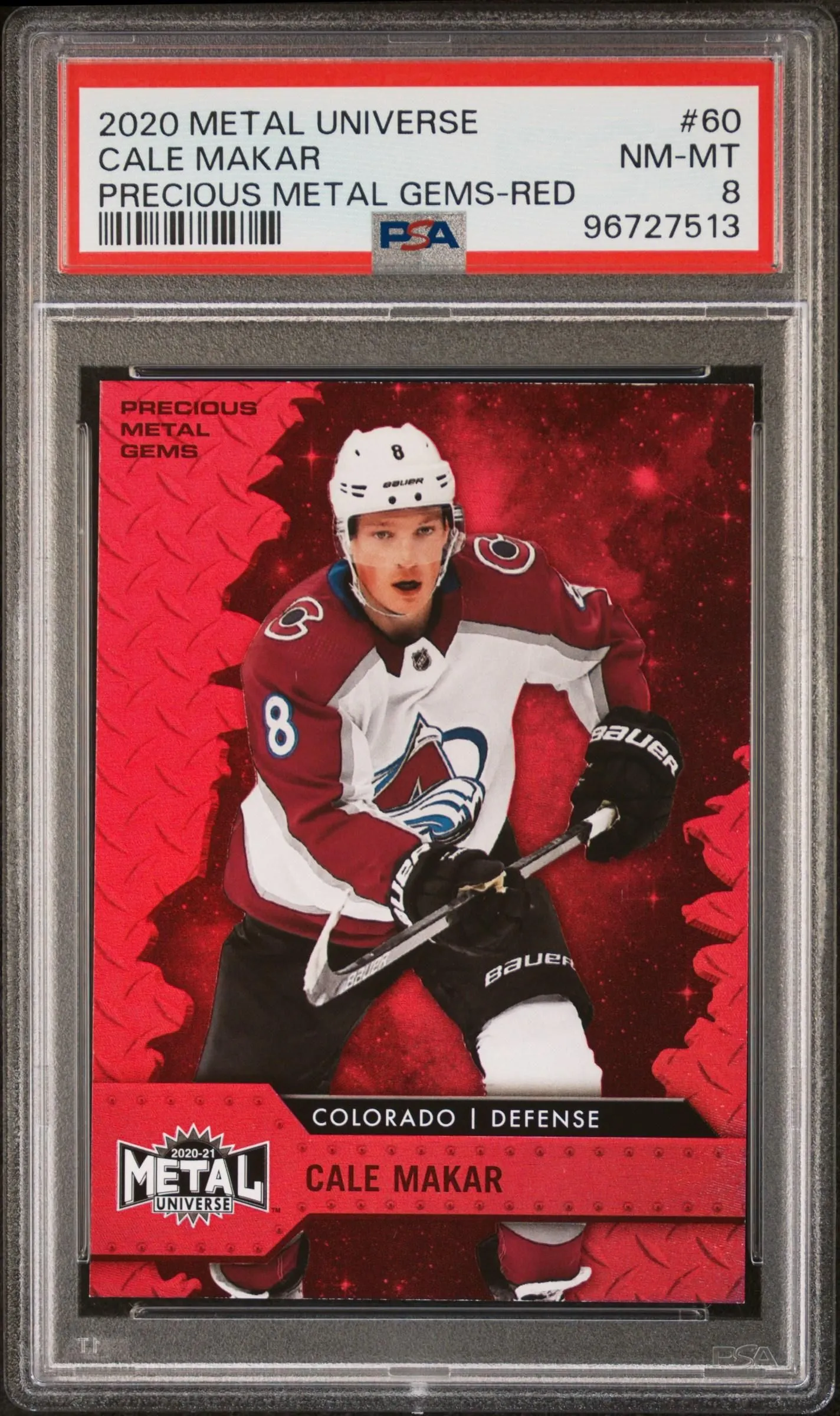Product image for 2020 Skybox Metal Universe Cale Makar Precious Metal Gems Red /100 PSA 8