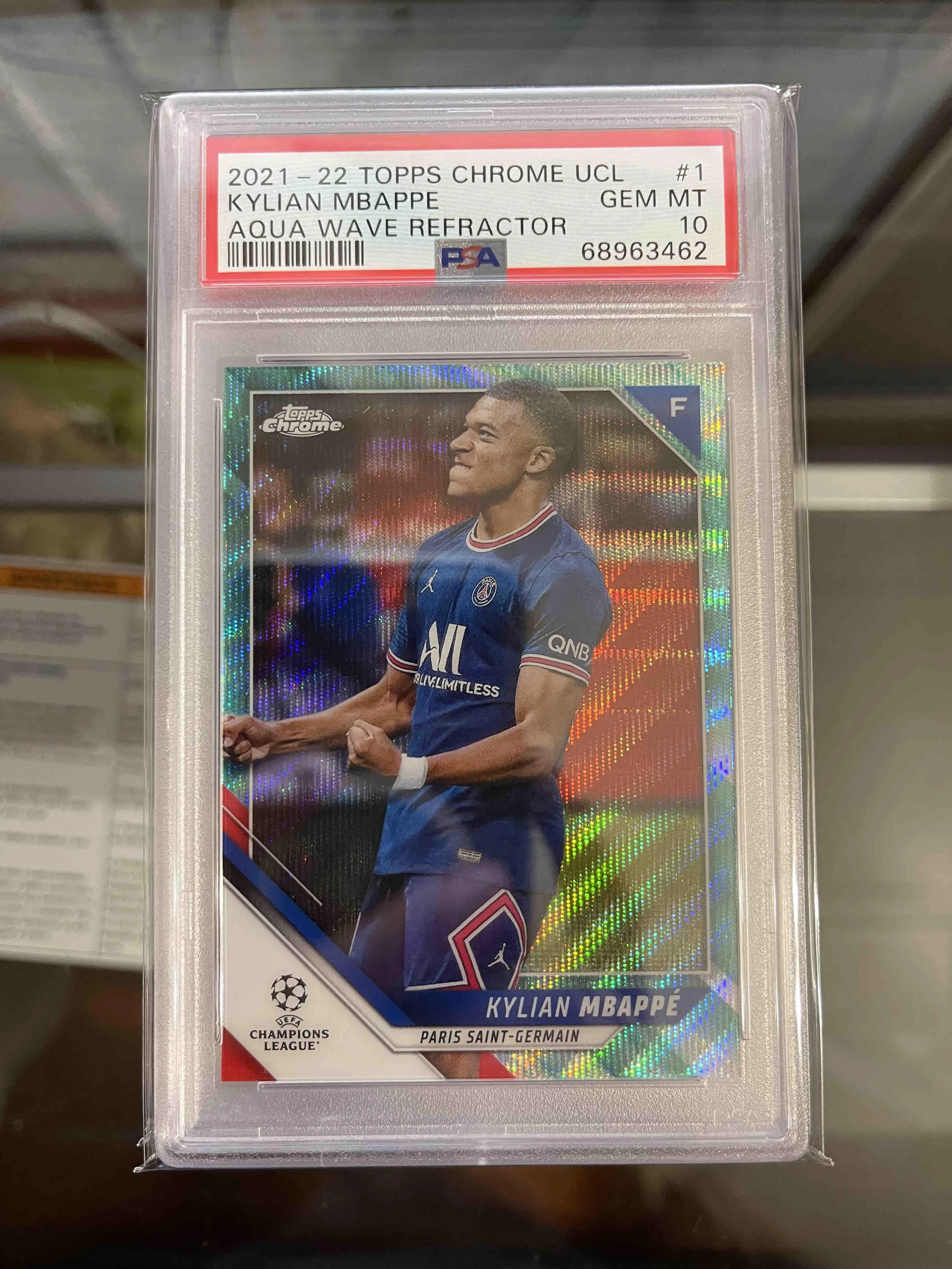 Product image for 2021-22 Topps Chrome UCL Kylian Mbappe Aqua Wave Refractor /199 PSA 10