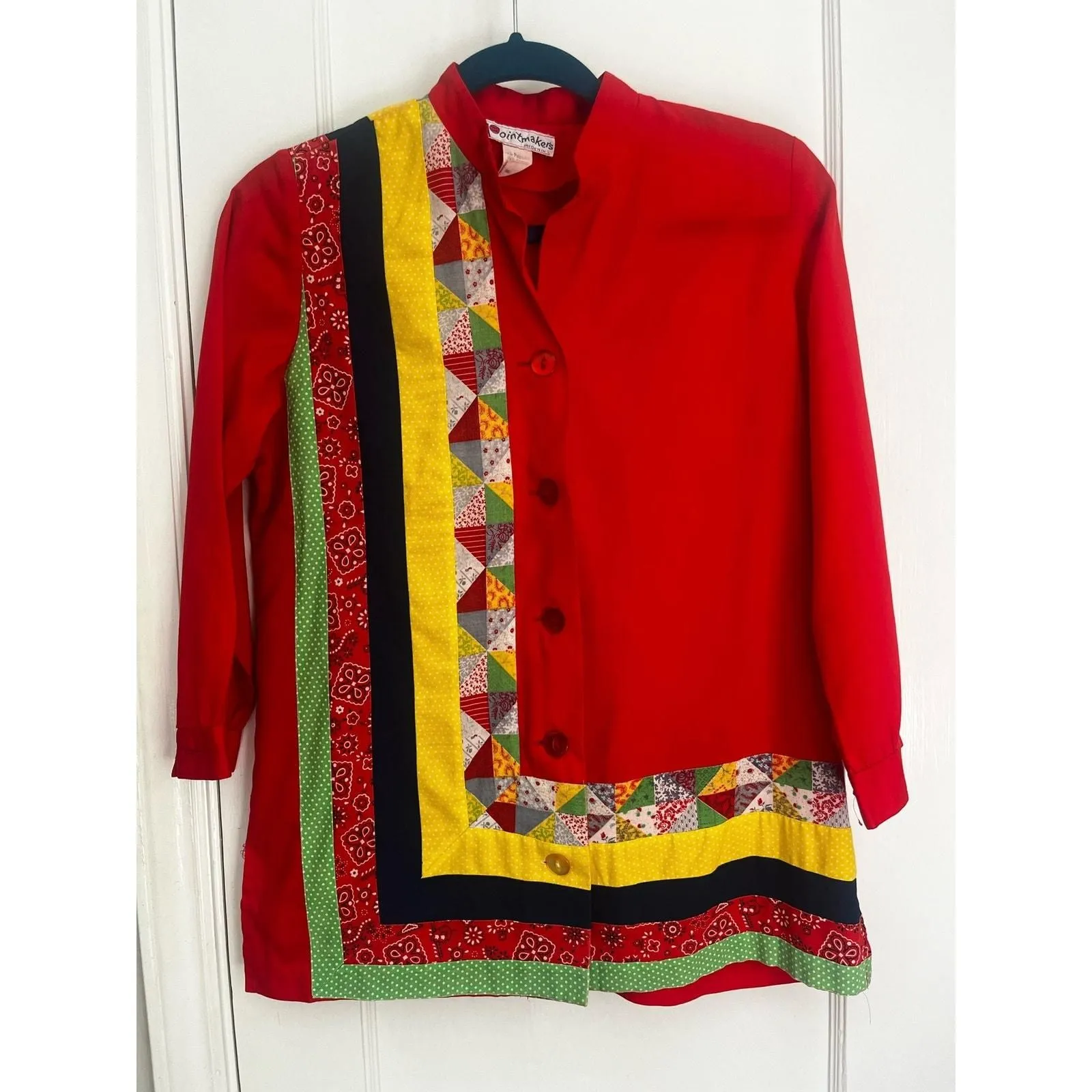 Product image for Vintage 60s Pointmakers Red Yellow Blue Boho Unique Patchwork Blouse Small Med