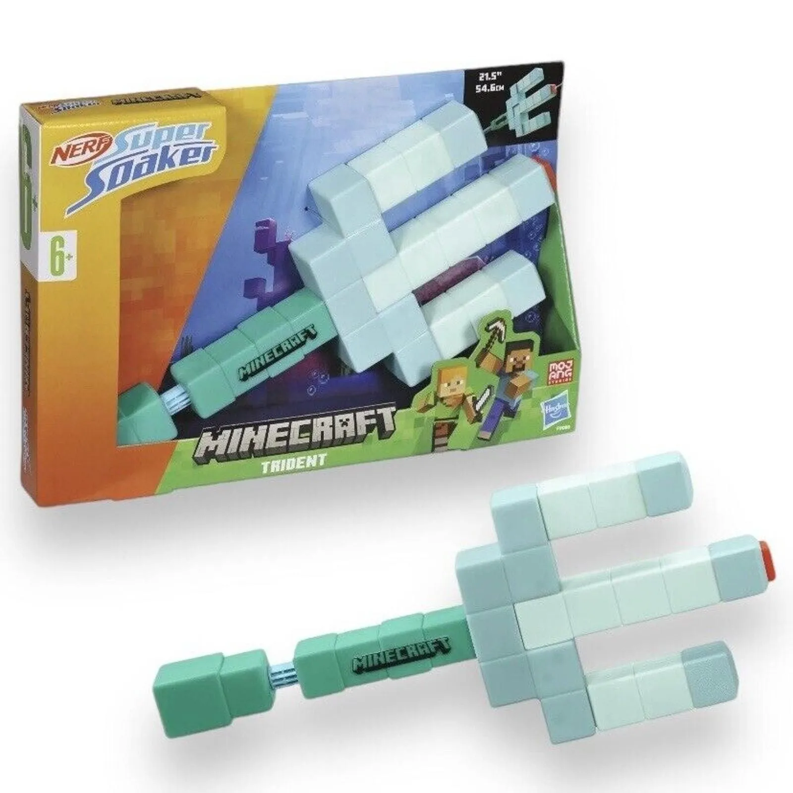 Product image for Nerf Super Soaker Minecraft Trident Water Blaster Pull Back Plunger Handle Toy
