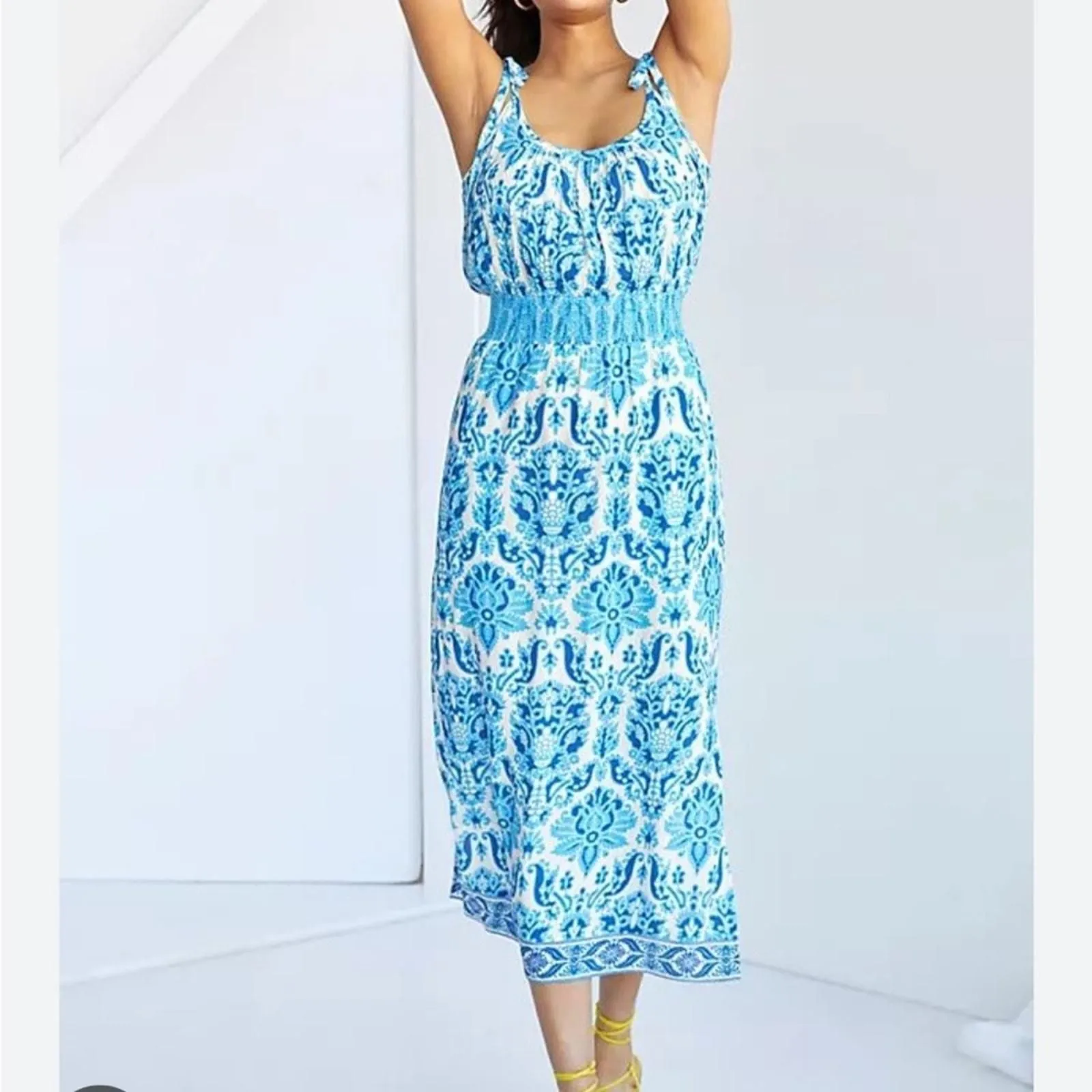 what colour goes with lemon green dress Blue & White Dress Designer Tracy Reese, Size M – Clothes Mentor Rochester  Hills MI #311
