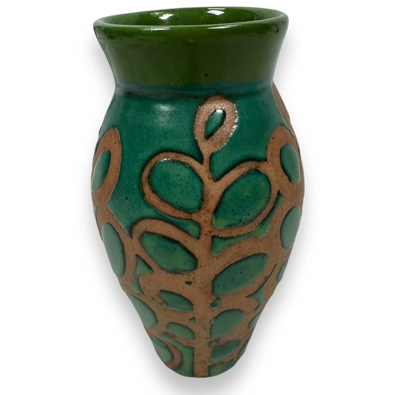 Product image for Liz Kinder Pottery Vase Leaf Blue Green Brown Glaze Round Home Decor Bud 5.5"