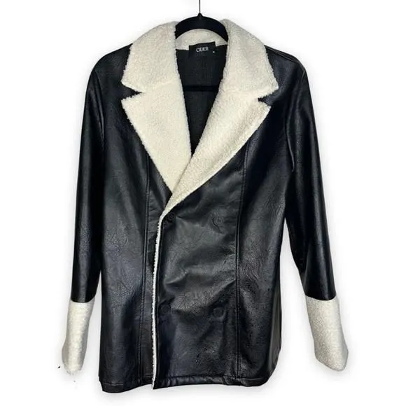 Product image for [ CIDER ] Black Faux Leather oversized Jacket Faux Shearling Trim: XL: L…