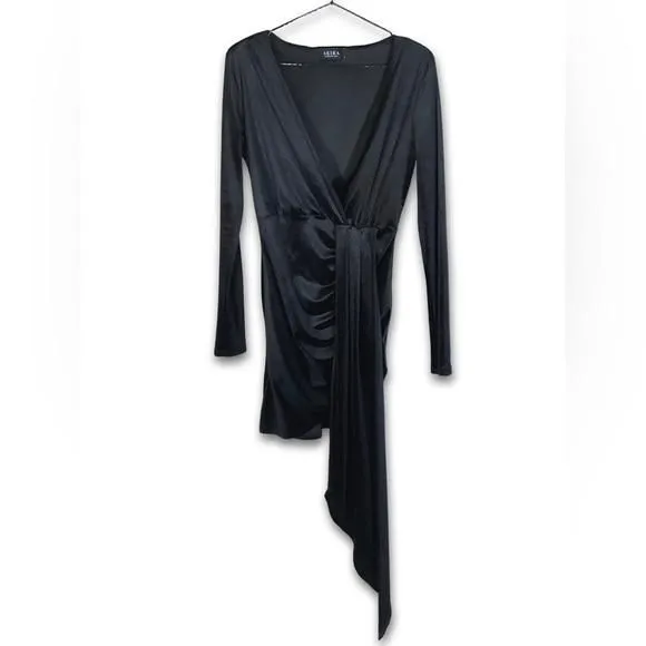 Product image for [ AKIRA ] LongSleeve Plunge Velvet MiniDress w/Ruched Skirt/Sash: Black: M: NWOT