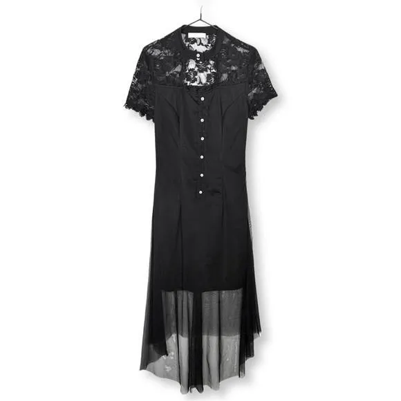 Product image for [ BELLE POGUE ] High-Low Black Gothic Dress w/Lace Patchwork & Cut Outs: M : EUC