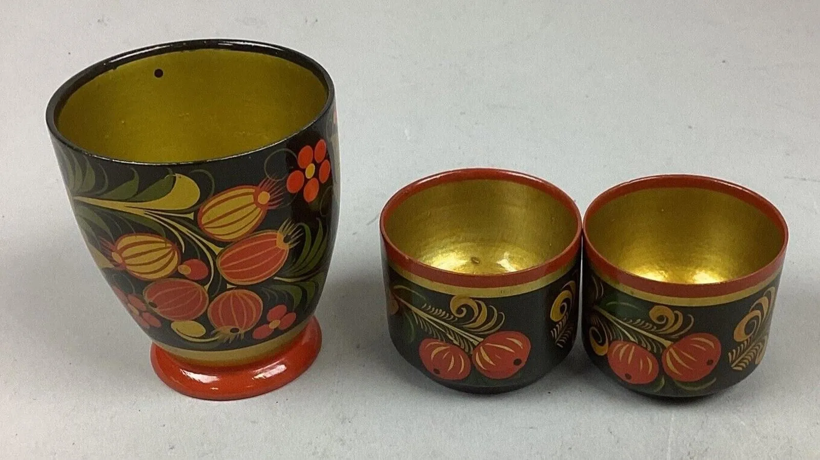Product image for Vintage Russian USSR Folk Art Hand Painted Wooden Cups - Set of 3